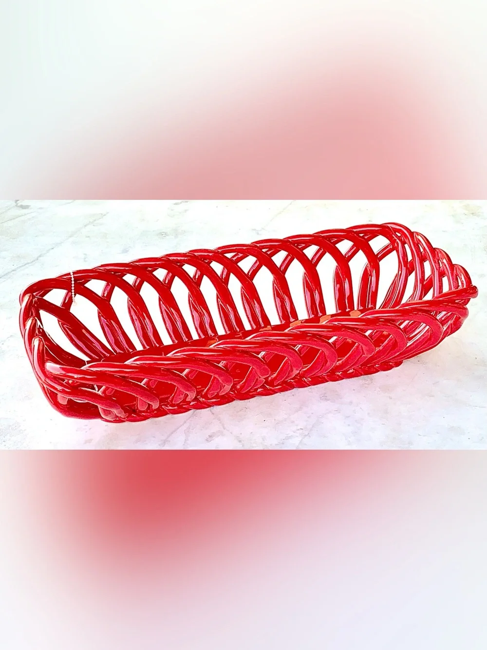 THE PIONEER WOMAN RED LATICE Woven GLAZED STONEWARE BREAD BASKET 14 IN